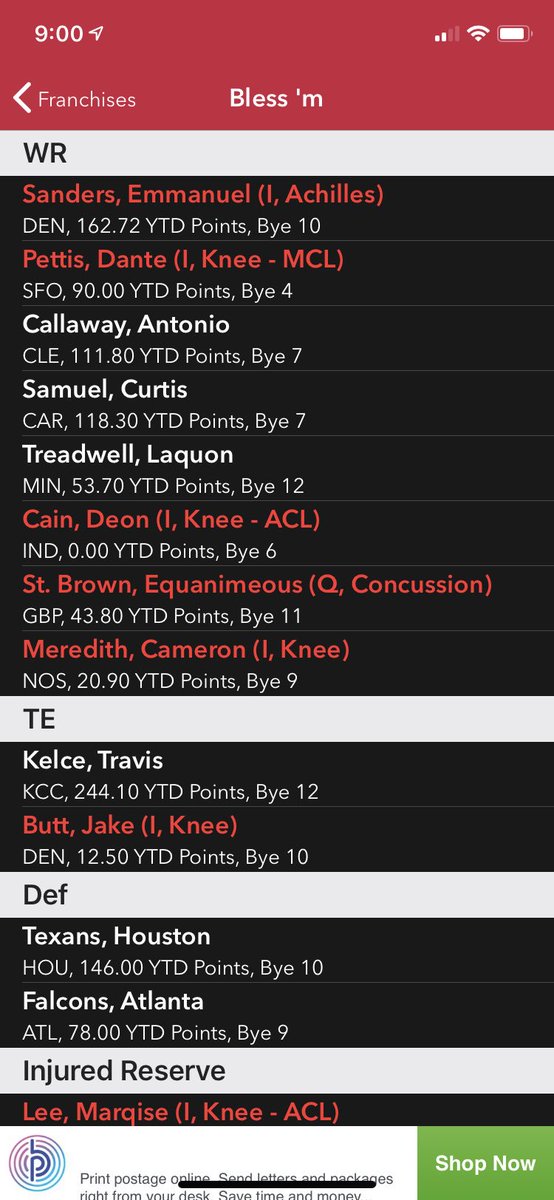 DynastyFFBurner's tweet photo. 12 team, 1QB, .5 PPR Dynasty League. 25 man roster - can keep everyone https://t.co/th41G3wyAP