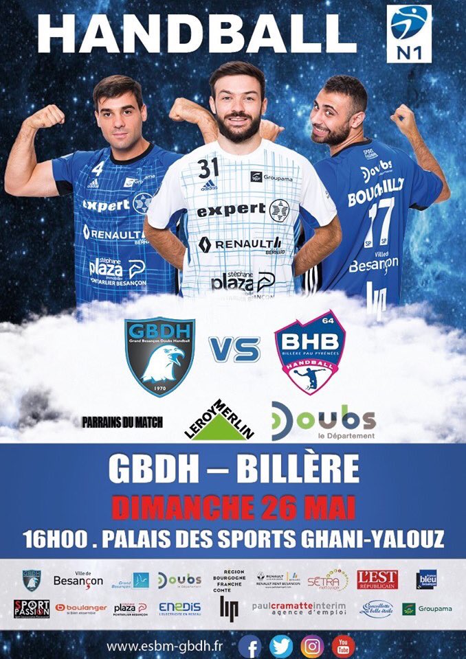 gbdh_handball's tweet photo. #PLAYOFFS : 👉🏻 Le GBDH 🔵⚪️ reçoit ce dimanche 26 mai le leader @bhb_64 👊🏻 !
➡️ Parrains du match : Leroy Merlin & le @Doubscd25 👌🏻
↪️ Vous pouvez déjà réserver vos places 🎫 sur : https://t.co/CLTCa8QqhN !
#AllezGBDH #Grandissonsensemble #ObjectifProligue https://t.co/Xur7B3nMY7