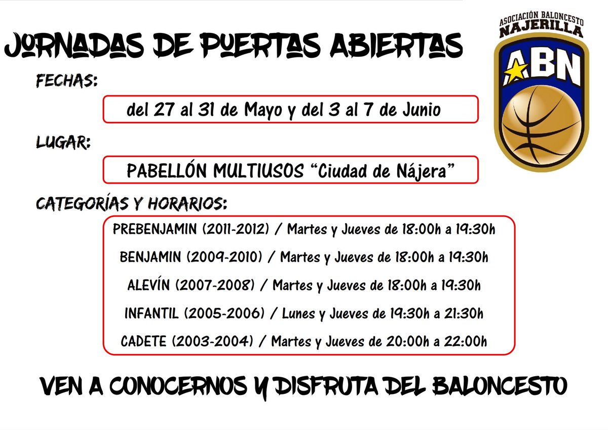 ABNajerilla's tweet photo. 🏀JORNADAS de PUERTAS ABIERTAS🏀
📆: 27 al 31 Mayo
📆: 3 al 7 Junio
📍Pabellón Multiusos (Nájera)
Nacid@s entre los años 2003 y 2012

Si te gusta el baloncesto y quieres practicarlo, acércate las dos próximas semanas.
Te esperamos!!!
Ven a conocernos y disfruta del baloncesto. https://t.co/B52CT6G14w