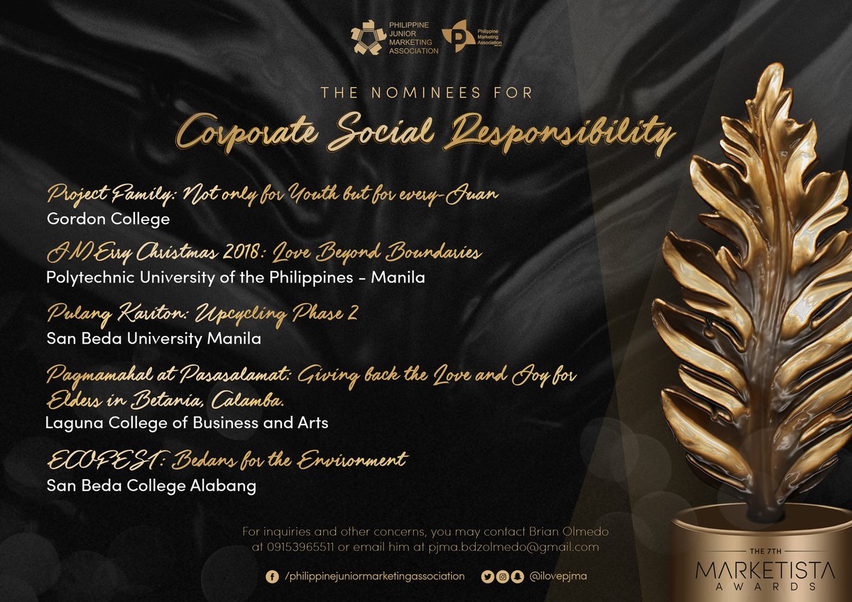 pjma_official's tweet photo. The following outstanding nominees have been chosen for the 7th installment of the Marketista Awards. Which school do you think will bring the gilded leaf home with them?

#MarketistaAwards2019 https://t.co/KTBlDosARQ