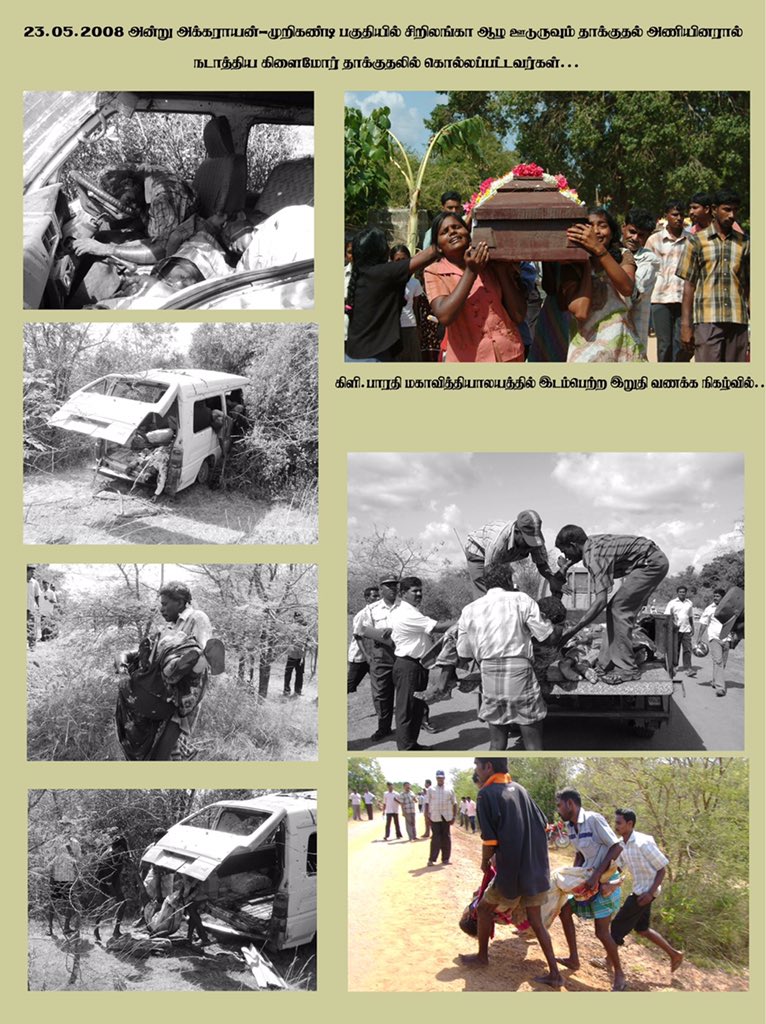 garikaalan's tweet photo. Remembering 16 victims including six school children who were killed in #Akkaraayan-#Murikandy when SriLanka Army’s Long Range Reconnaissance Patrol (LRRP)attacked their van on May23/2008. A retaliation launched by LTTE saw Army soldiers wearing #TamilTigers uniform were killed. https://t.co/OD1stfbQco