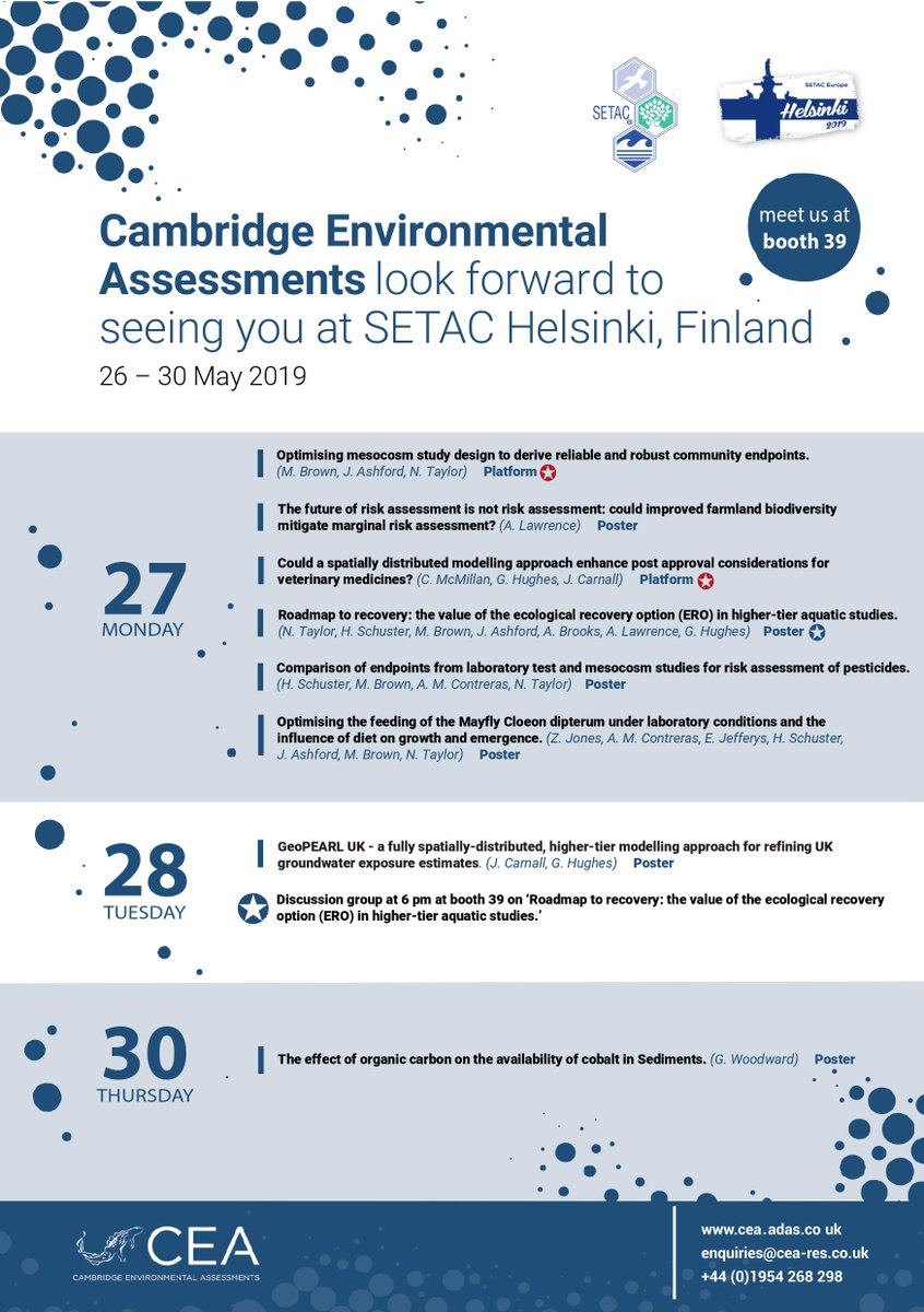 CEA_News's tweet photo. CEA will be attending SETAC Helsinki, Finland from 26th to 30th May 2019. We have 6 posters and 2 platform presentations (see below for details). Please come and see us at booth 39. We look forward to meeting you there. https://t.co/QewpwZ89Eb