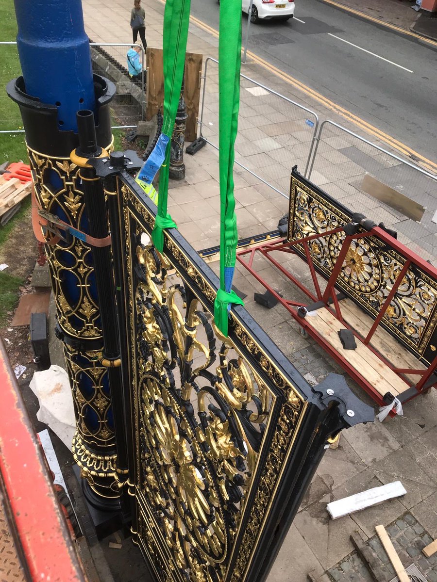 HallConserve's tweet photo. More of the Warrington Golden Gates being returned home by our Hall Conservation team today.  #warrington #heritage #warringtongoldengates #conservation #restoration #gilding #gates #ironwork #bling #blacksmithing #hallconservation https://t.co/3IYW1gnCLM