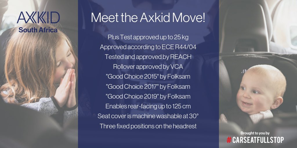 Car seat age 6 months - 6 years ✔️ Swedish plus tested ✔️
Extended rear facing ✔️
Seatbelt installation to 25kg ✔️
3 headrest heights ✔️
2 recline angles ✔️
Award winning ✔️
#BudgetFriendly ✔️
#AvailableInSA June/July ✔️
Orders open info@axkid.co.za