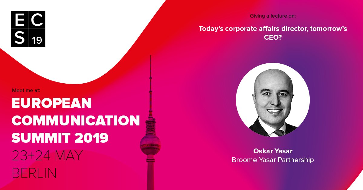 broomeyasar's tweet photo. #broomeyasar is delighted to be chairing a session at this week's European Communication Directors Summit in Berlin on our report, From Corporate Affairs to Business Leadership. Do join us if you are attending the conference. Copy of the report.  https://t.co/kBman5S5hq https://t.co/rjIR0cgM4M