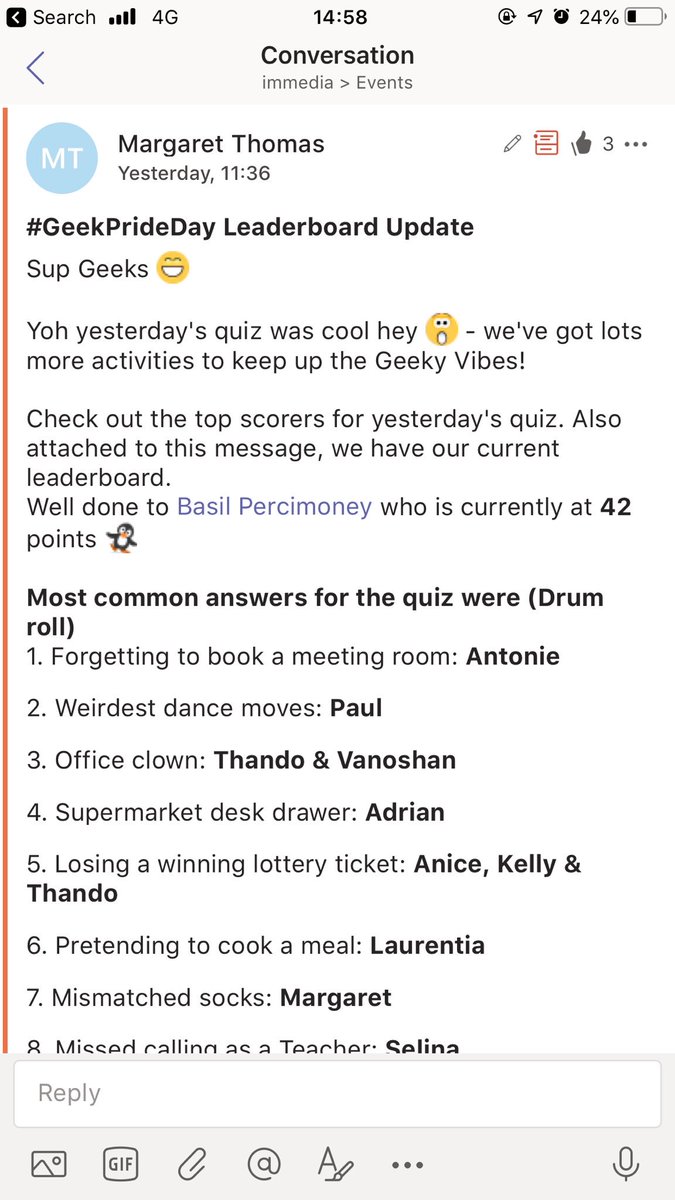 selenish's tweet photo. Who says @Office365 is all work and no play?!
All our #GeekPrideWeek π₯³ games are powered by @MicrosoftTeams with daily quizzes on #MicrosoftForms!
Now letβs see who makes it to #GeekOfTheWeek π€
#GeekPrideDay #GeekLikeMe #AfricanGeeks πΏπ¦ https://t.co/uLHd0MI9AV