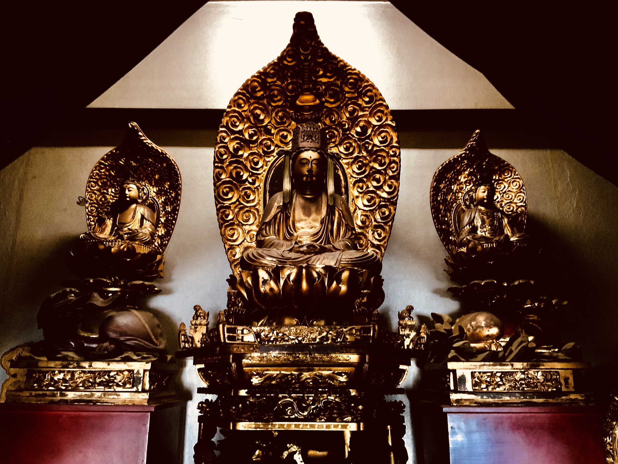 天童山 大雄院 当院のご本尊 県指定有形文化財の宝冠釈迦如来三尊仏です 中央が釈迦如来 脇侍として右に文殊菩薩 左に普賢菩薩が鎮座しております 文殊菩薩は卯年の守り本尊であり 智慧の仏さまでご利益は智慧明瞭 学業成就 合格祈願とされています