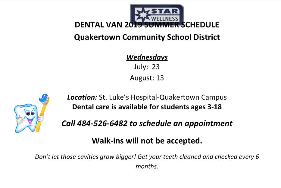 Dental resources are available to Quakertown Families this summer. See attached flyer for more information