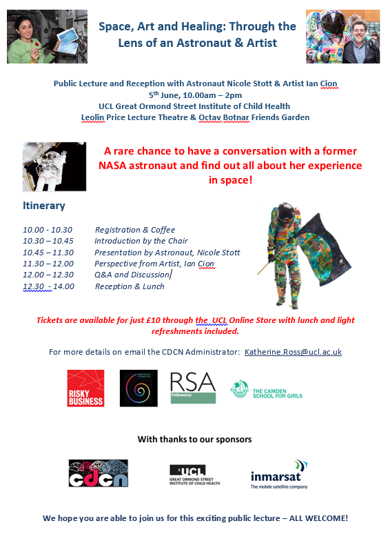 UCLCDCN's tweet photo. We are excited to welcome former NASA astronaut Nicole Stott, and artist  Ian Cion, for a public lecture on 5 June.   

All welcome - come along and make the most of this chance to be inspired by Space and Art!  

For details contact katherine.ross@ucl.ac.uk https://t.co/exXKd7nS7Q