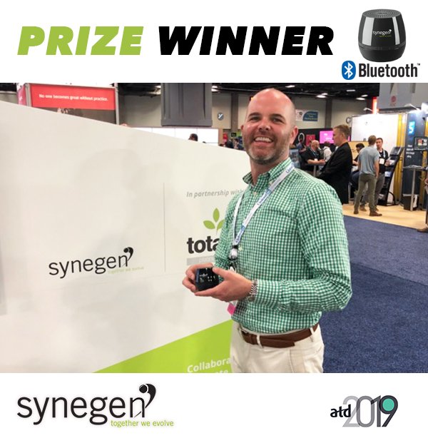 Synegen's tweet photo. Last day #ATD2019 TO WIN a bluetooth speaker 📱Text: Synegen To: 71441 and visit Booth #1019 to reveal your code to see if you've won! Meet the #Synegen team and learn about #Opensource #LMS at the #Totara Village. #ATDMoments https://t.co/QKQauNWTfm