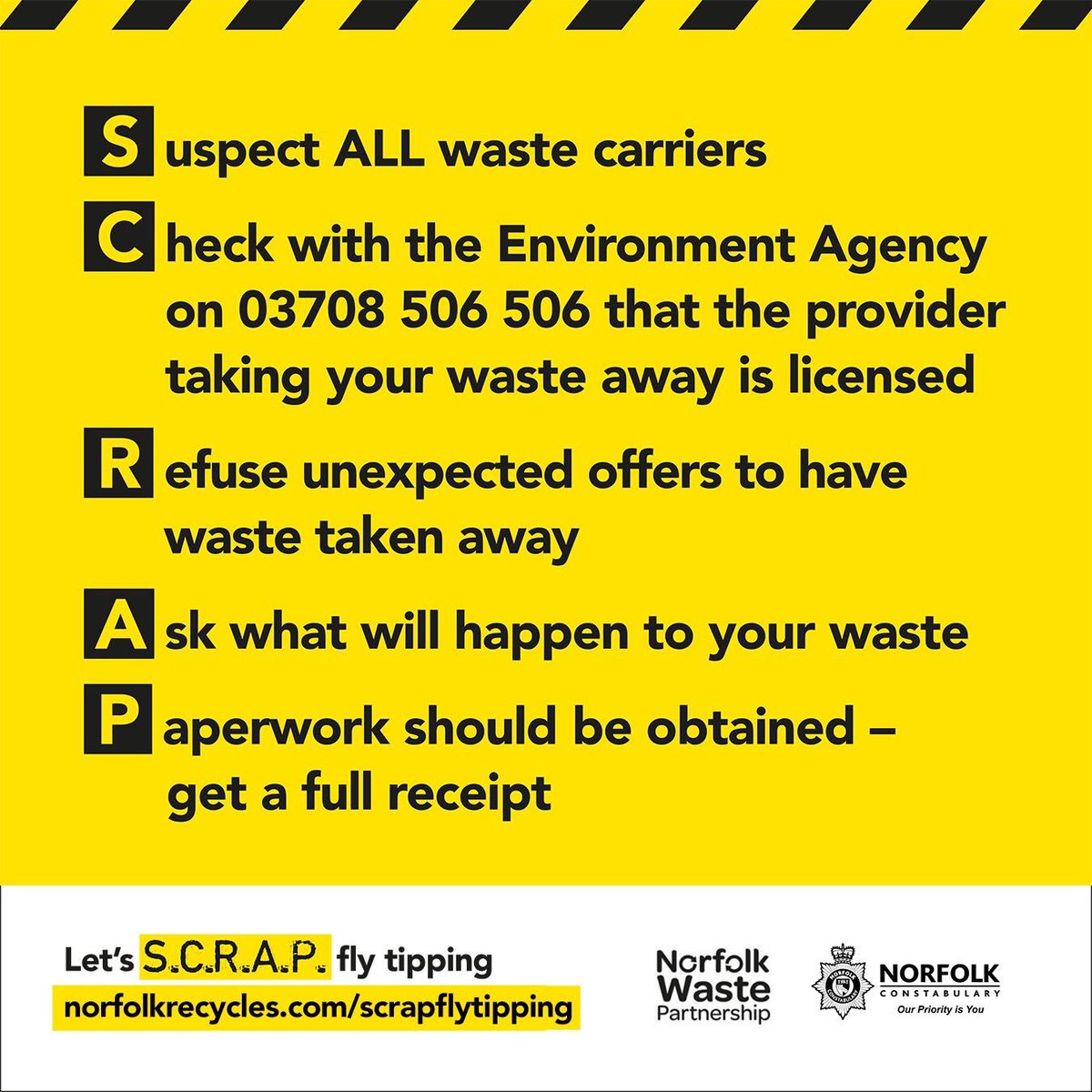 Waste crime is costing about £1billion a year in the UK, according to experts speaking at #LetsRecycleLive - and most people don’t know that their waste is their responsibility. Always follow the SCRAP code #SCRAPflytipping