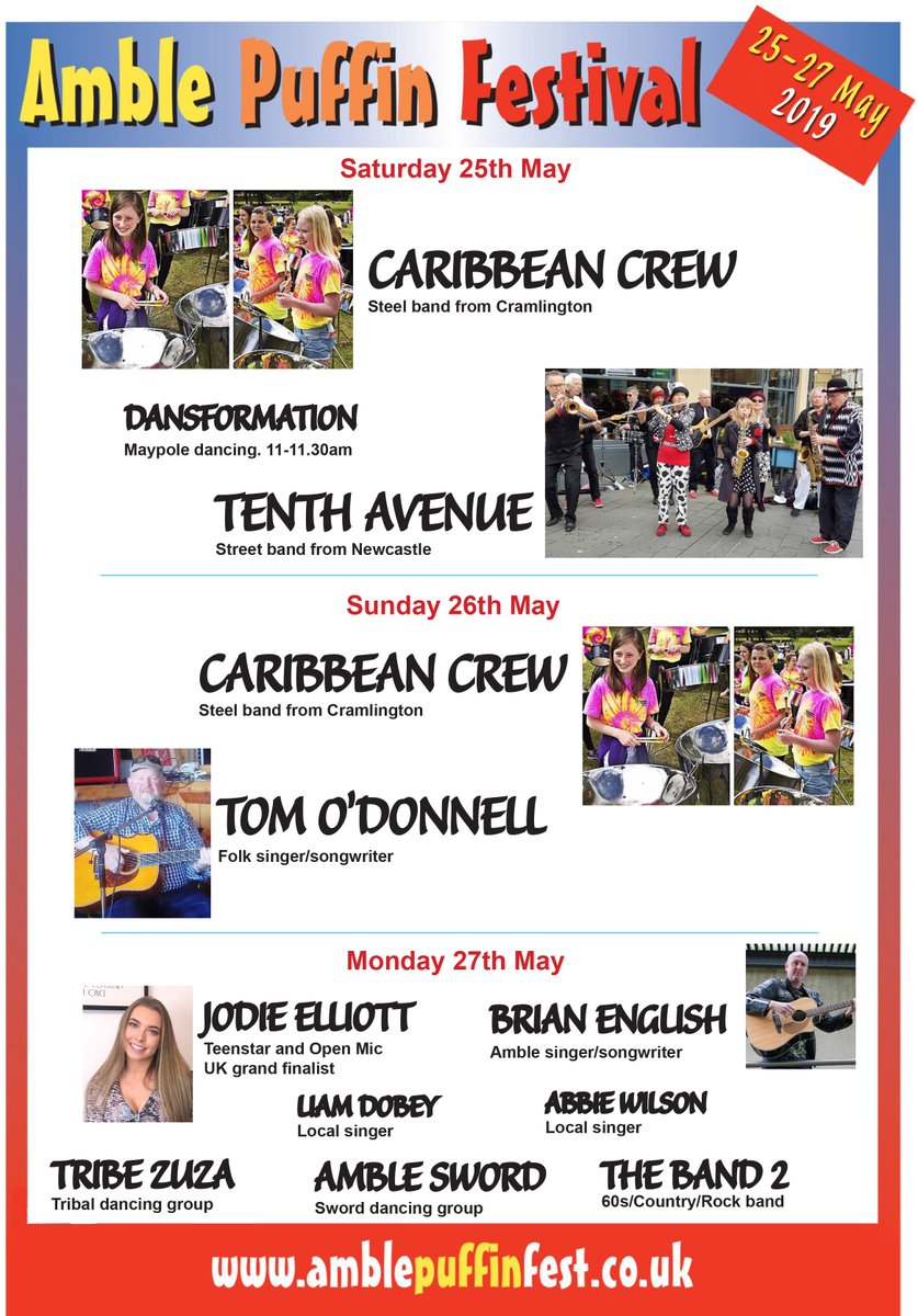 Here's the lineup for entertainment in the Town Square over the weekend!
#livemusic #dancing #sworddancing #tribaldancing #AmblePuffinFest <a href="/NEFamilyFun/">Samantha Rickelton</a> <a href="/GreatN_Land/">Great Northumberland</a> <a href="/alnwickgazette/">Northumberland Gazette</a> @amblenorthland
