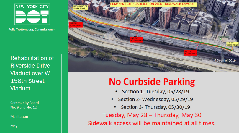 NYC_DOT's tweet image. #RiversideDrive Viaduct over W 158th St Viaduct will require placement of temporary concrete barriers on the west sidewalk of Riverside Dr West from W 161st to W 155th Sts. As a result. there will be no curbside parking 5/28-5/30. 

Details: on.nyc.gov/2Qevja4
