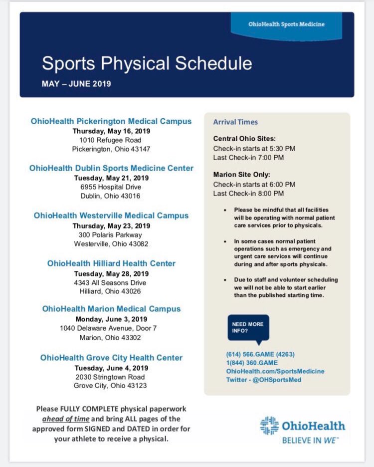 Sports Physicals are FREE tomorrow in Westerville. Donations will be accepted. Proceeds benefit our training staff. Fill out your forms before you arrive! The line starts at 5:30 and should be good by 6:15 if you want to show up later. #GiveEmHealth