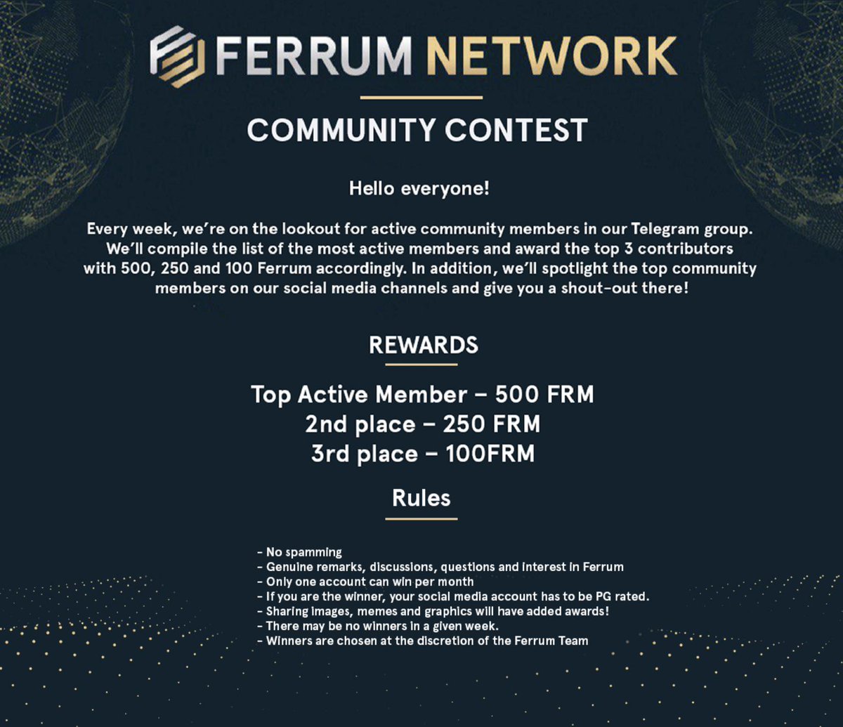 ai_on_the_chain's tweet photo. 📣 COMMUNITY CONTEST - WEEK 2 📣

We want to continue engaging our followers and thus will be on the lookout for user's who contribute and who will ultimately help grow Ferrum Network. 

This contest represents a special award that we'll be awarding users on a weekly basis. https://t.co/AhShk41Dzk
