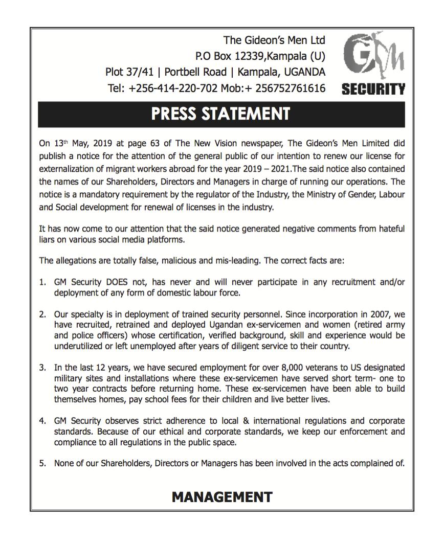 PRESS STATEMENT