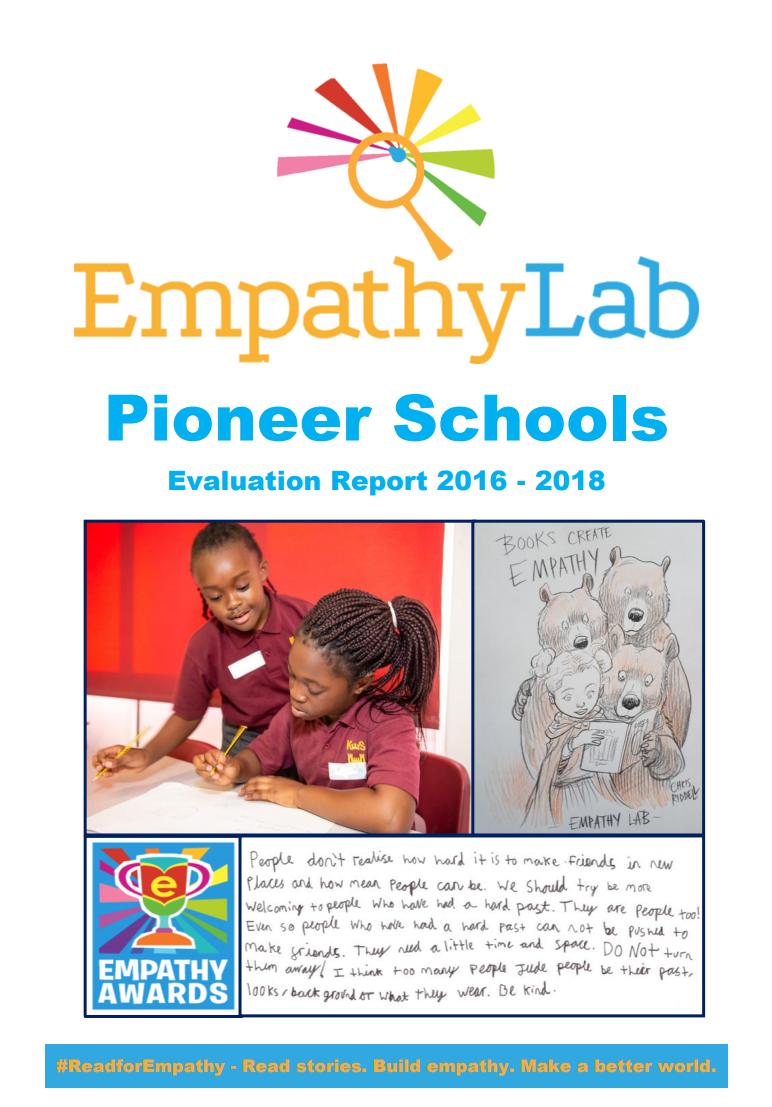 EmpathyLabUK's tweet photo. Read our #PioneerSchools #Evaulation 2016 - 2018. An increased #empathy focus impacts on school improvement, children's empathy skills and well being, the curriculum, their pro-social attitudes and social action and family involvement. https://t.co/FGDp4bSblZ https://t.co/iHuZo67vIm