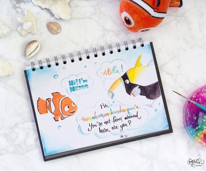 PinkPig_Sketch's tweet photo. Who is your favourite character to draw or paint?
A fun and creative watercolour design by the very talented @thealohastudios in one of our watercolour sketchbooks.
#nemo #findingnemo #clownfish #handmade #reeftriggerfish #cartoon #watercolourpainting #illustrations https://t.co/ADx41aysHs