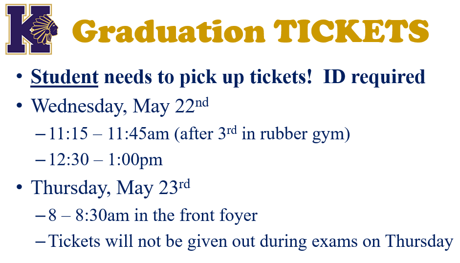 Seniors, bring your ID to get your graduation tickets today or tomorrow!