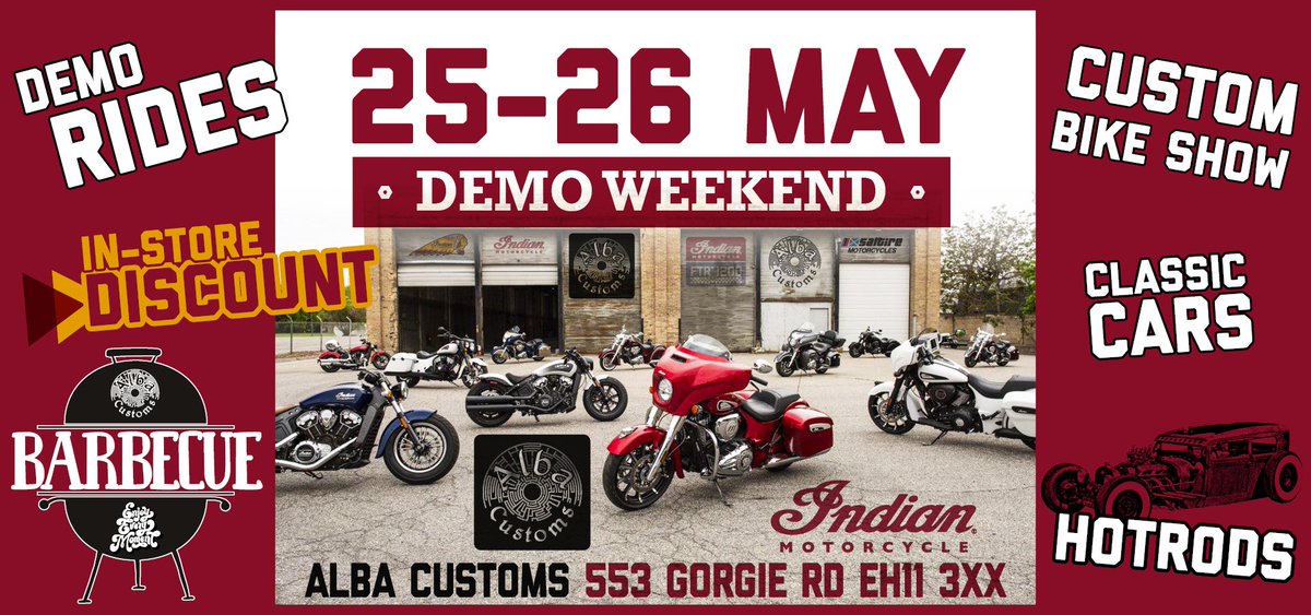 AlbaCustoms's tweet photo. Demo Weekend - Check out Indian Motorcycle at Alba Customs and take a free demo ride on the all-new 2019 line-up, custom bikes and cars
https://t.co/CtGWVWE5a8
#albacustoms #custom #motorcycle #edinburgh #glasgow #scotland #cruiser #tourer #bagger #indian #victory #norton #harley https://t.co/Q5i91xZC3L