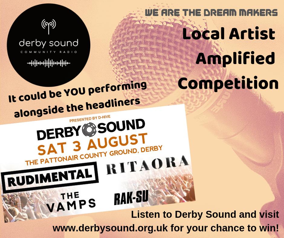 DerbySoundRadio's tweet photo. Please RT! Know a local unsigned artist / band in or from #Derby #Derbyshire? Local Artist Amplified Competition - get your music heard! Enter by midnight Sunday 26th May. Amazing opportunity! Enter at https://t.co/jbl6T0vQDa @TheVenueDerby @hairydogderby @SheSpeaksUK @DerbyCA https://t.co/pbTyyOL6yW