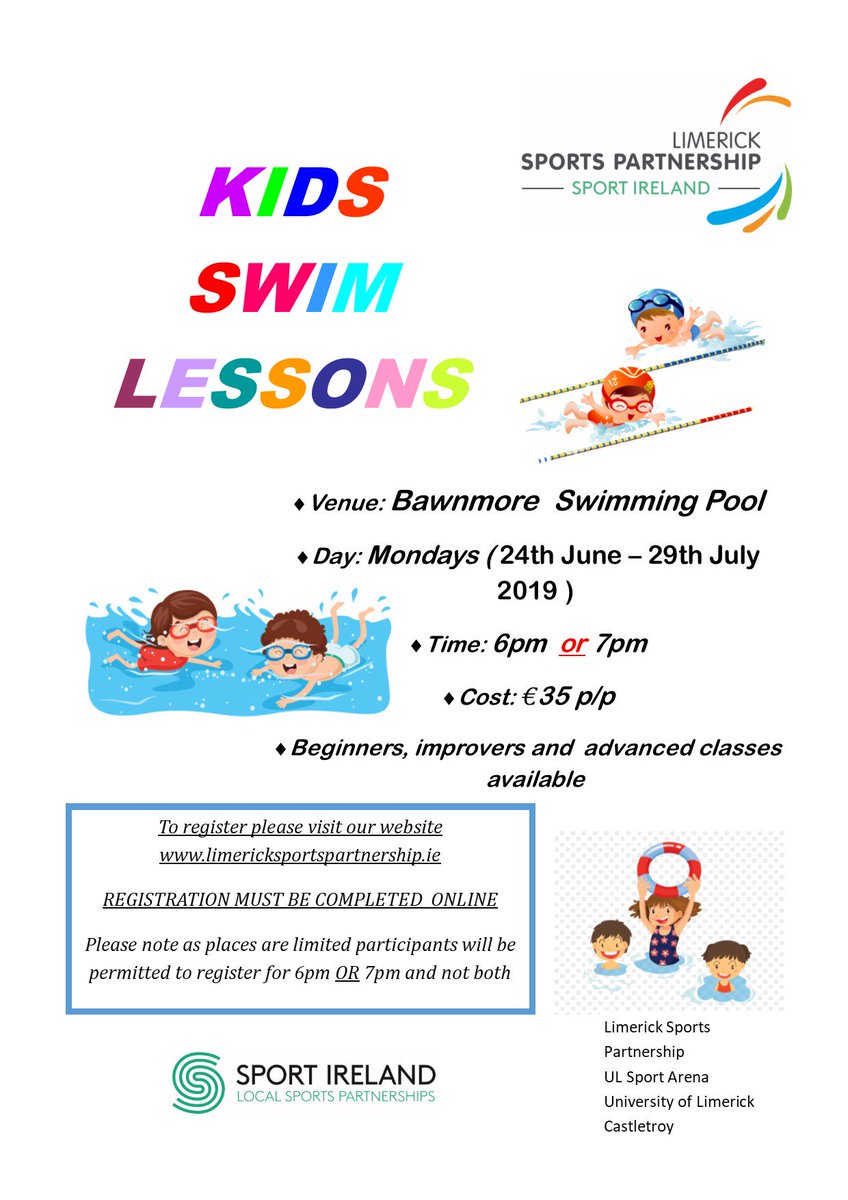 Limericksports's tweet photo. The ever popular LSP KIDS Summer Swim lessons are now open for registration.....https://t.co/ugAqKIB0Pa
We are unable to take bookings over the phone as places are limited - booking ONLINE is ESSENTIAL #activelimerick #kidsswimlessons https://t.co/FGqsiuOX3Q