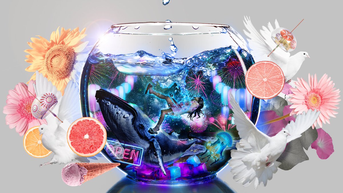 タイトル 不思議な金魚鉢の世界感 使用ツール Photoshop 夏のキラキラ カズシフジイ超コラージャーのイラスト