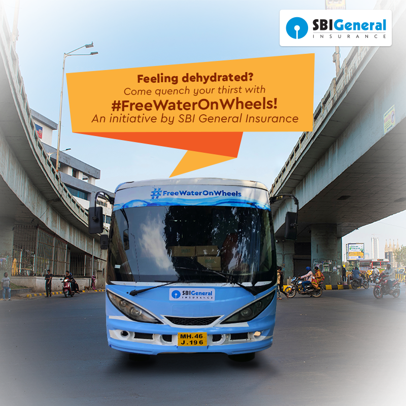 sbigeneral's tweet photo. The #FreeWaterOnWheels initiative by SBI General Insurance is here for you! Come get some relief from the heat as we distribute free drinking water in the streets of Mumbai. https://t.co/2uh940Yhip