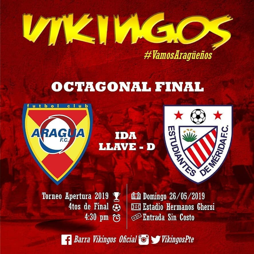 VikingosPte's tweet photo. ¡VAMOS TODOS A LA CANCHA!

🏆Torneo Apertura 2019
⚽ 4tos de Final
⏰ 4:30 pm
📆 26/05/2019 
📍Estadio Hermanos Ghersi Páez
🎟️ Entrada Sin Costo
📺 En Vivo @lateletuya
#VamosVikingos #VamosAragua #OroySangre 💛❤ #LaCasaSeRespeta https://t.co/l0O2OGY4tN