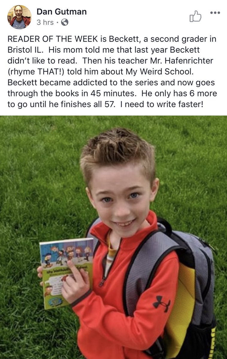 Mrs_McHugh's tweet photo. Way to go Beckett and one of the world’s best teachers @MrHAFBGS! You chose a top notch Reader of the Week, @DanGutmanBooks! #biggerthanBGS https://t.co/djkn8PgYJO