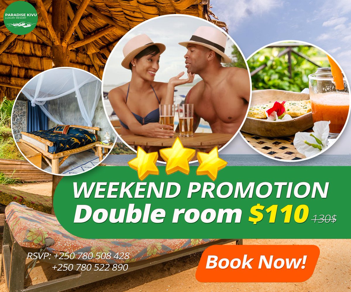 KivuParadise's tweet photo. Your trip to @KivuParadise for this weekend is on promotion again, Double Room is at 110$ only. Come enjoy a quiet and calm stay. 🌴☘🌳🍃 ☀️⛱
☎️ +250 780 522 890
📍 #Rwanda - Gisenyi, Rubavu, Nyamyumba
🌐 https://t.co/e9DZOTtNAV #Kigali #RwOT #visitrwanda https://t.co/9IxjwutEcE