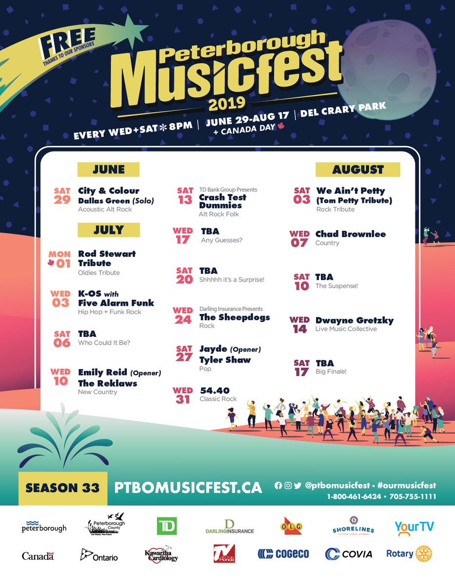 PtboMusicfest's tweet photo. Our summer line-up has just been released! See you in 38 days for a spectacular opening night with City and Colour (Dallas Green)!

Cheers to our 33rd season of bringing you free admission concerts.
#ourmusicfest #investinmusicfest https://t.co/vlg6pBwaR5