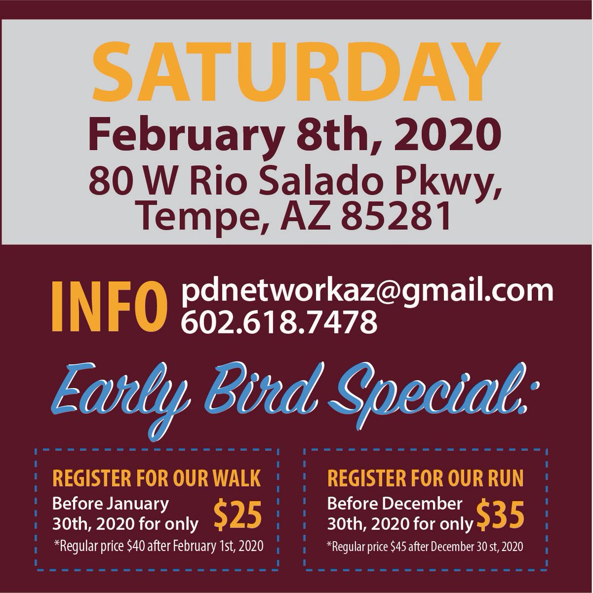 PNAOrg's tweet image. We have a date for 2020!!
Our walk committee has started planning next year event. 
Website is up!! Take advantage of the early bird special price and  start your team. #walkthefight #runthedistance #tempe202 #parkinson #walk #family #team #fundraising 

raceroster.com/events/2020/23…