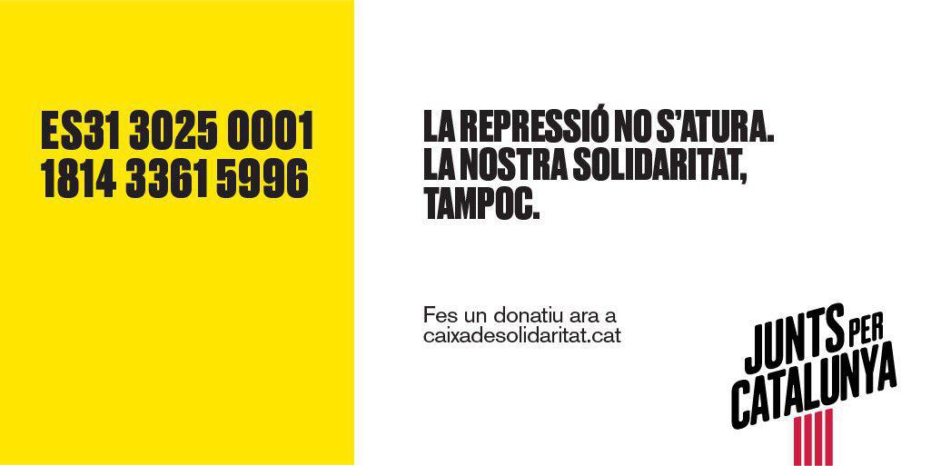 JuntsXCat's tweet photo. ⚠️ | ATENCIÓ |

El Jutjat 13 de Barcelona ja ha començat a embargar els béns dels processats pel referèndum de l'#1Oct

Ajuda'ns a cobrir la fiança perquè no ho perdin tot‼️

💛 Fes un donatiu a la Caixa @DeSolidaritat: 

ES31 3025 0001 1814 3361 5996

https://t.co/YiUJ1X39hb https://t.co/YHGiXJy3gI