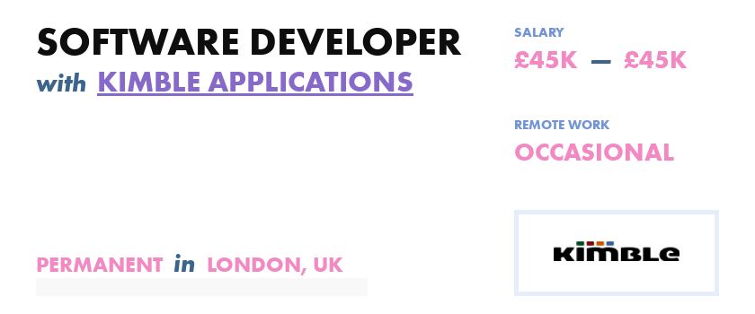 HonestWork's tweet photo. The folks over at @KimbleApps are hiring a Software Developer in London.

Check out the role to find out more:
https://t.co/d9t8fp1fNq https://t.co/r4NxVoKqGf