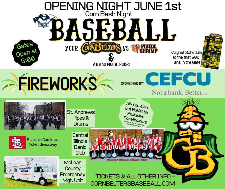 We have so many exciting nights of baseball planned for you this summer! Let's start it off with our Home Opener on June 1st!
Get your tickets now!
ow.ly/HY5L50ulEU8
#thenewnormal #cornbelters