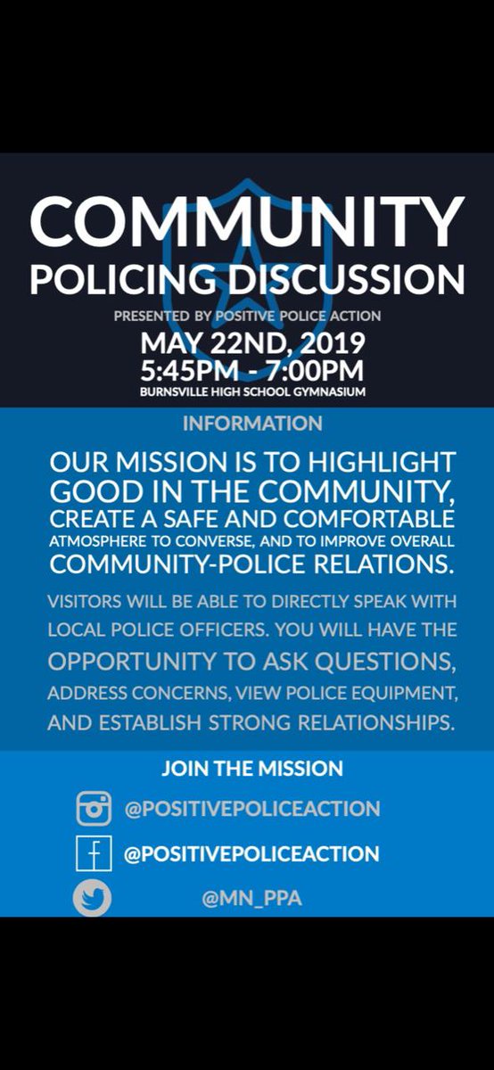 BurnsvilleHS's tweet photo. Reminder: The @MN_PPA community policing discussion is tonight, Wed. May 22 at 5:45-7 p.m. Join us for this important discussion! You can ask questions, raise concerns & more! #20timeproject #buildingrelationships https://t.co/9dY6ULZVH6