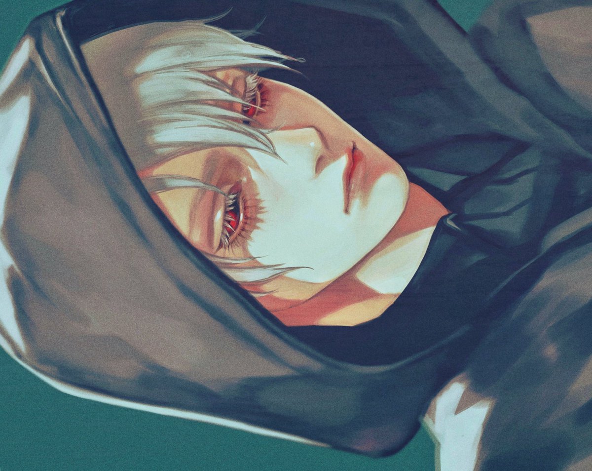 red eyes hood solo male focus 1boy hood up white hair  illustration images