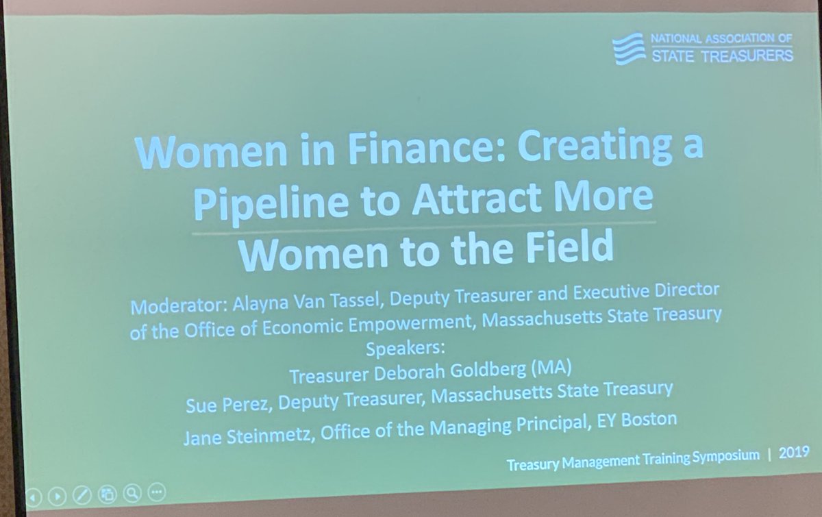StateTreasurers's tweet photo. One of the most important topics at #TMTS2019. Standing room only for an incredible panel hosted by @DebGoldbergMA, @AlaynaVT, Sue Perez of @MassTreasury and Jane Steinmetz of @EYnews. https://t.co/ID2rx0q2W9