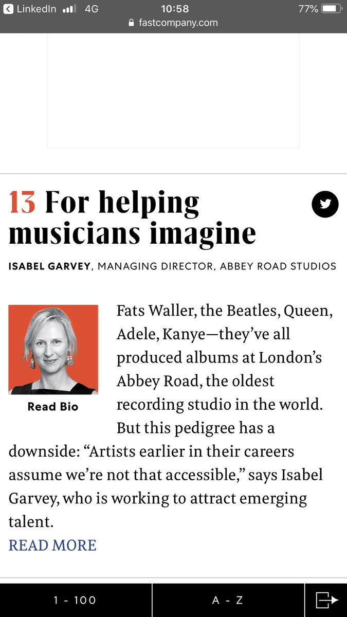 isabel_garvey's tweet photo. So unbelievably honoured to be in such amazing company in the Fast Company’s list of the 100 most creative people in business this year.  @FastCompany #FCmostcreative #makingmymumproud #lovemywork @AbbeyRoad https://t.co/3M1e4TtjO5