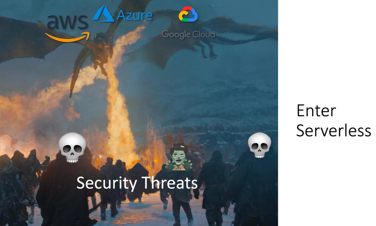 Soo... I had these Game of Thrones themed slides for my #serverless #security talk at #Kubecon. This was BEFORE I watched the season finale of #GameOfThrones. Overheard a bunch of GoT spoilers after my talk, I'm very sad now. 🤷‍♂️