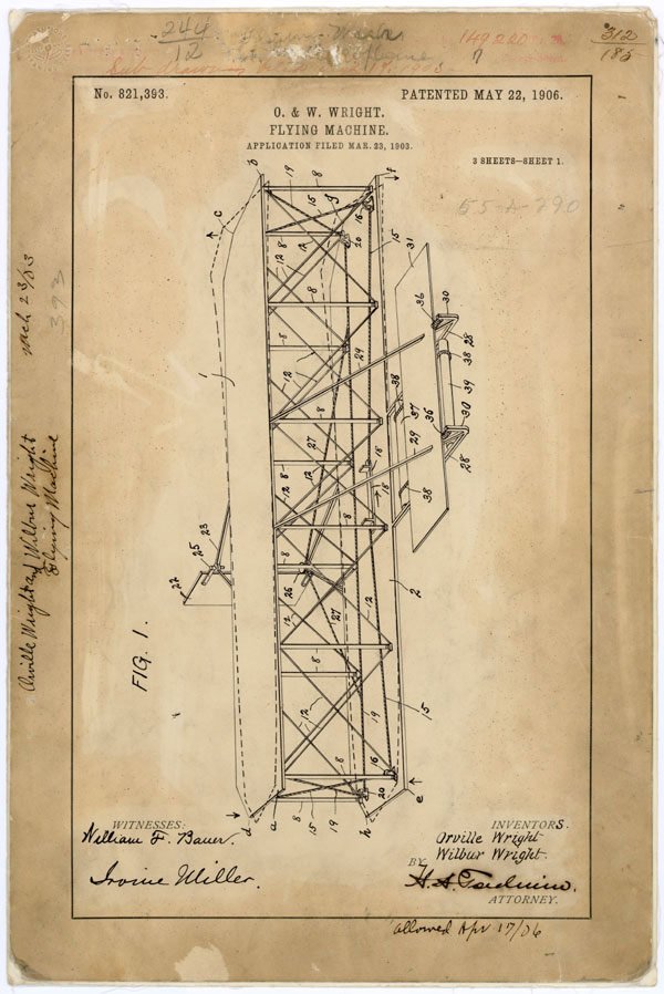 NASAhistory's tweet photo. Three years after filing their application, Wilbur and Orville Wright receive their patent on this day in 1906 for “new and useful improvement in Flying Machines.” Read it here as a PDF from @airandspace: https://t.co/rNYbBM8yst @uspto https://t.co/GyQjuxV42m