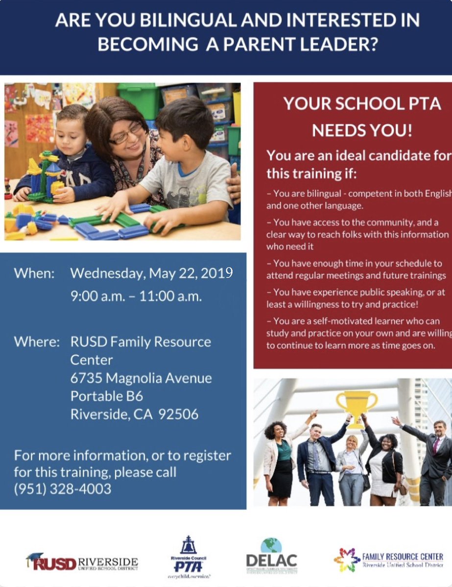 DiscoverRivCa's tweet photo. Are you bilingual and interested in becoming parent leader?
If so, join the RUSD Family Resource Center on Wednesday, May 22 from 9-11AM!
For more information, please call 951 328 4003
#ExploreRiversideTogether #RiversideProud https://t.co/2jrMfyvmv2