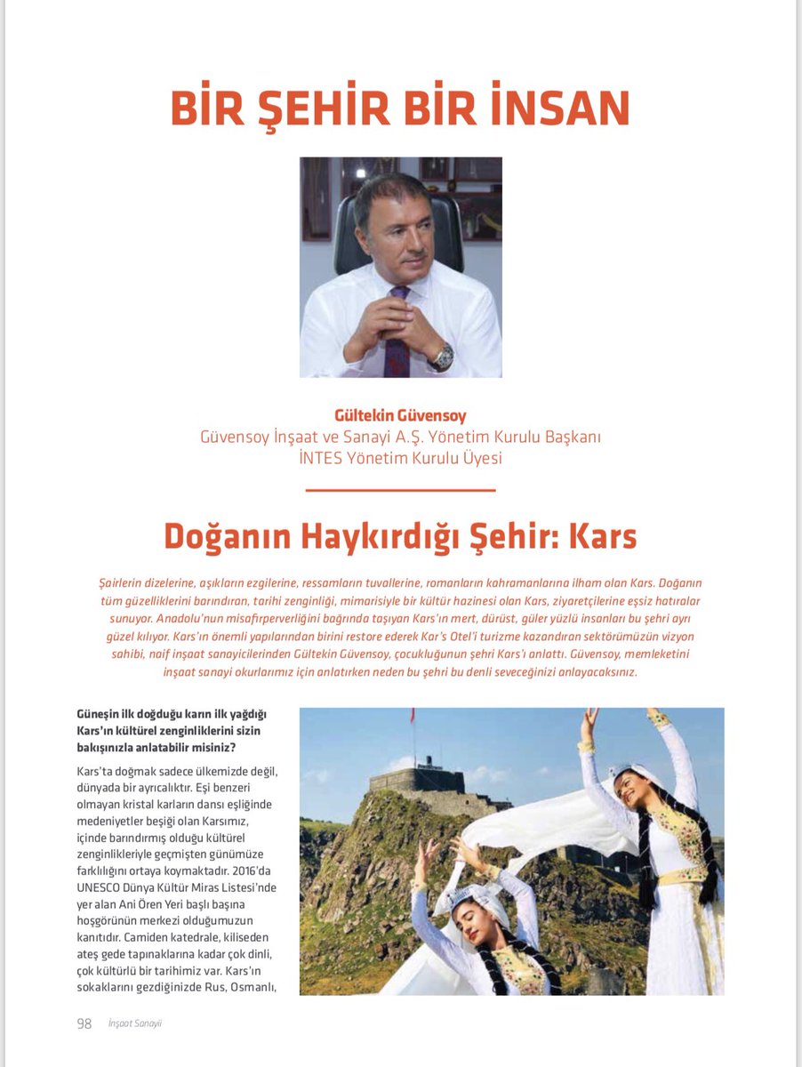 Yönetim Kurulu Üyemiz <a href="/GulteknGuvensoy/">Gültekin Güvensoy</a> , doğal güzellikleri, zengin tarihi ve kültürel mirasıyla Türkiye’nin en güzel şehirlerinden memleketi Kars’ı İnşaat Sanayi dergimiz için anlattı. #Kars 
intes.org.tr/wp-content/upl…