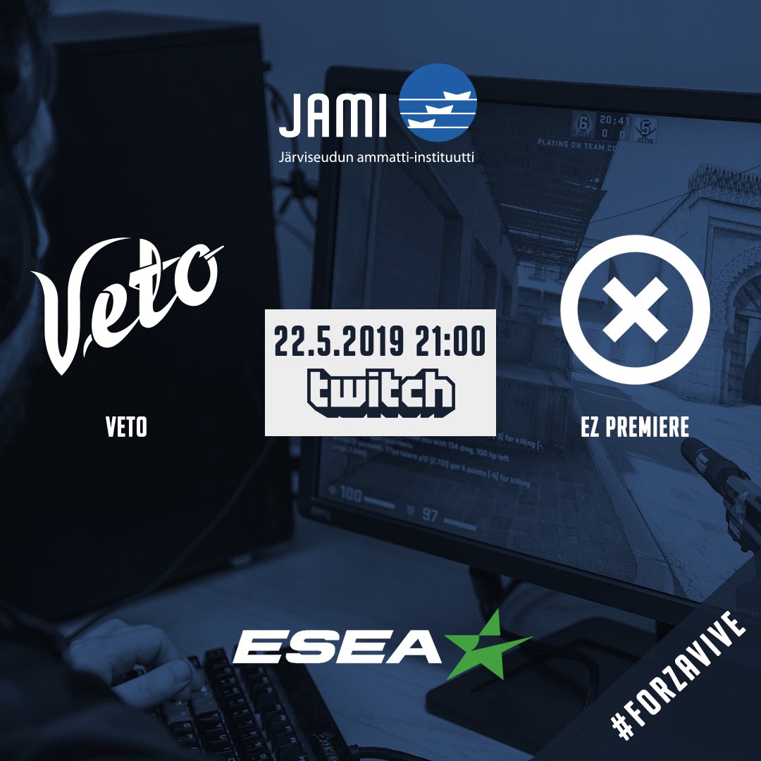 VetoEsports's tweet image. Tänään onkin taas pelipäivä kun VETO kohtaa 21:00 tanskalaisen EZ PREMIERIN (5-1-0). Ottelu suorana veto.gg tai twitch.tv/vetoesports
•
•
🏆 ESEA Main
📺 
📅 22.5.2019
⏰ 21:00
•
•
#forzavive #vetoesports #vimpelspulling #esportsfi