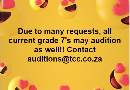 #TCCAuditionsGr7s All Grade 7's welcome to audition for Tygerberg Children's Choir <a href="/TCChoir/">Tygerberg Children's Choir</a> #TCCAuditionTime