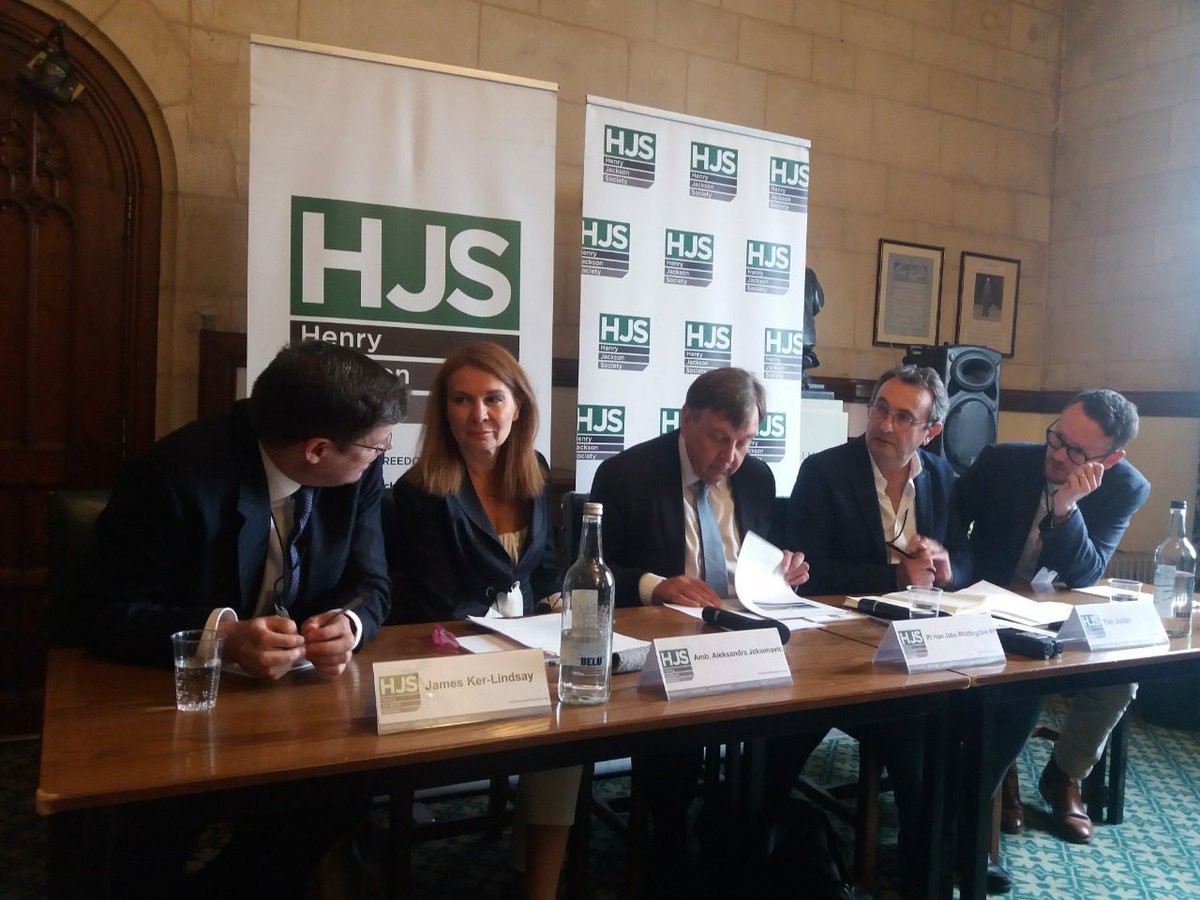 alex_jox's tweet photo. Discussion on “Western Balkans: Geopolitical Interests and orientations” chaired by  ⁦@JWhittingdale⁩. Together with ⁦@JamesKerLindsay⁩ and ⁦@timjudah1⁩ I discussed the importance of keeping the EU perspective for the WB region credible. #HJSEvents https://t.co/0DemYelp09