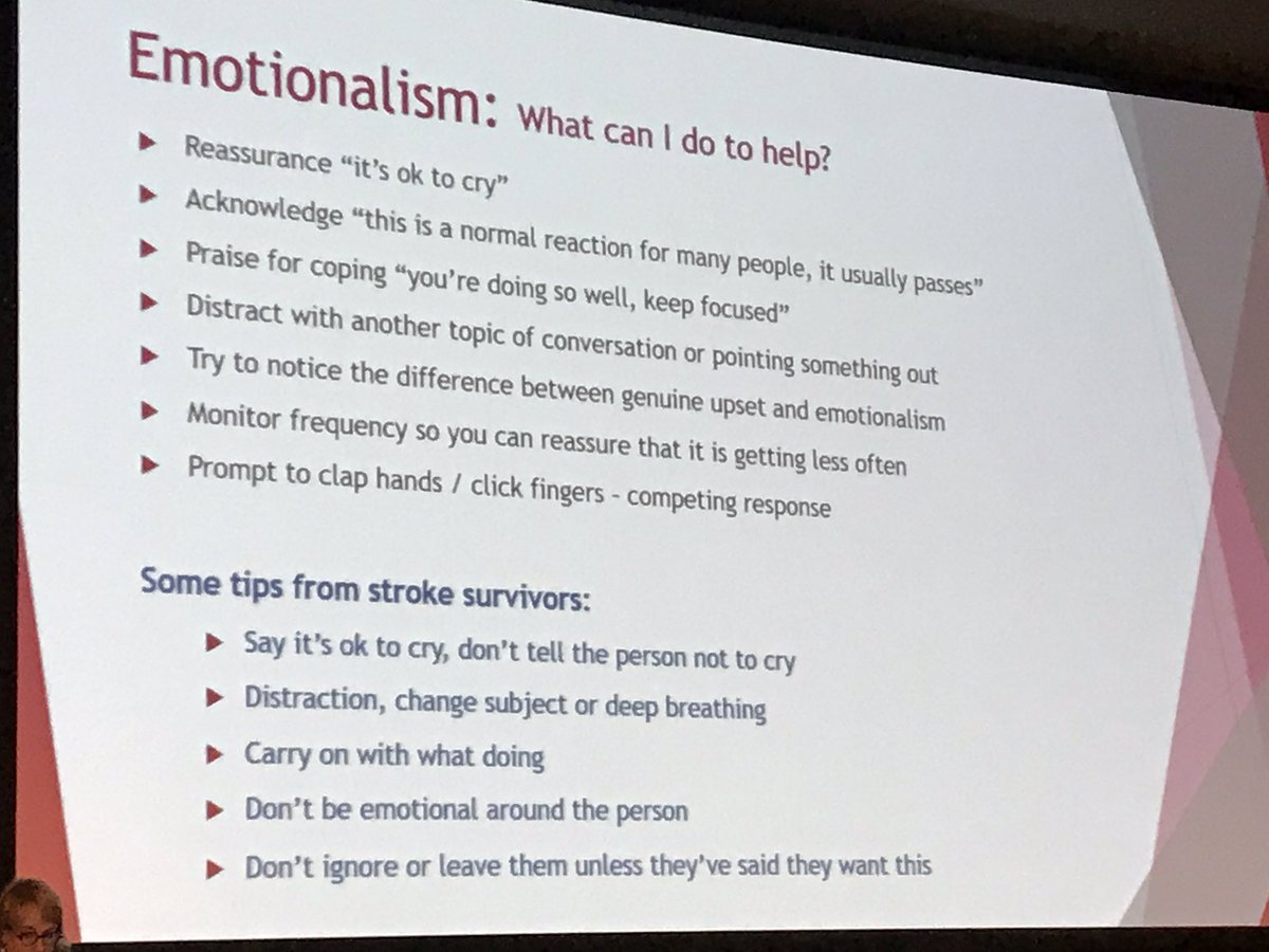 BelsonSarah's tweet photo. Stroke survivors give tips on how to respond to emotionalism, important to see patient voice informing practice #ESOC2019 https://t.co/CjVGu0BvMZ
