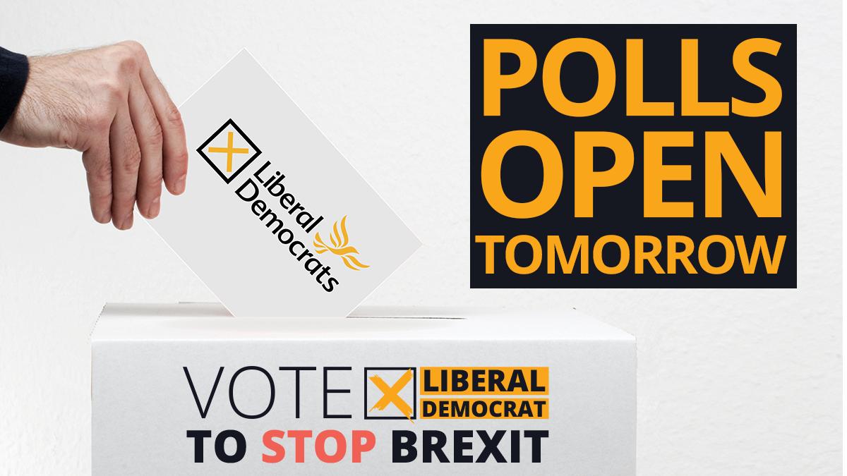 WandL_LibDems's tweet photo. RT LibDems: #EUElections2019 polls open tomorrow.

If you think Britain deserves better than this Brexit mess, vote for the largest, strongest party of Remain. That's the Lib Dems.

Vote for the Liberal Democrats to #StopBrexit #VoteLibDem
… https://t.co/q25JGs1Oca