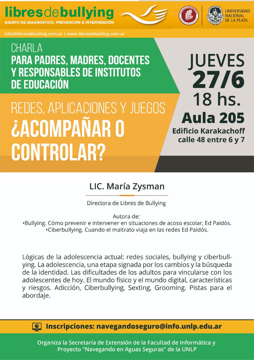 La secretaría de Extensión de #InformáticaUNLP invita a la charla “Redes, aplicaciones y juegos ¿Acompañar o controlar?" 

🗓️Jueves 27 de junio, a las 18 horas,
📍 Aula 205 del Edificio Sergio Karakachoff, ubicado en calle 48 entre 6 y 7.